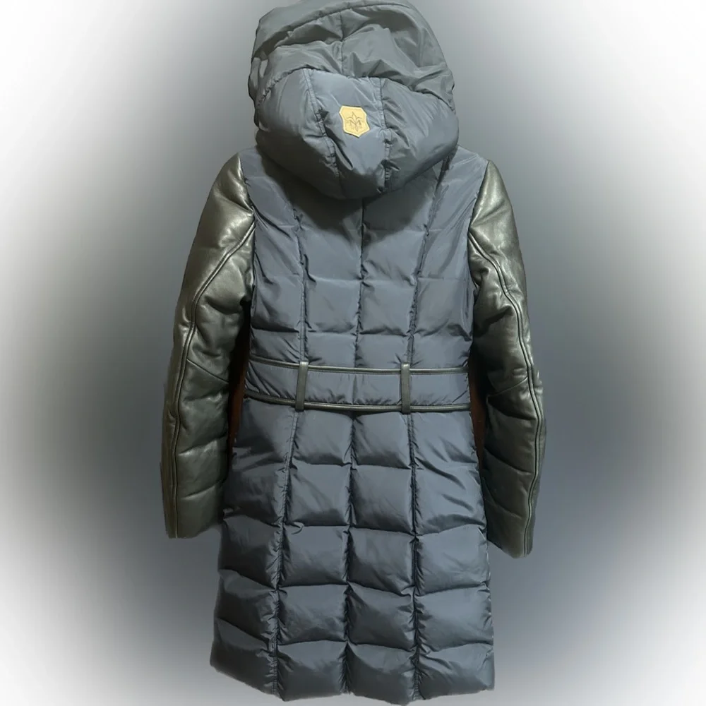 Mackage Leather Sleeves Navy Blue/Black PUFFER Jacket Size XS EUC - Picture 5 of 15